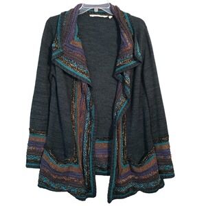 Soft Surroundings Women M Teal Multicolor Textured Knit Open Cardigan Sweater